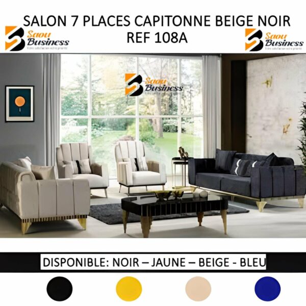 SALON CAPITONNE 7PLACES DAIM OU TISSU BEIGE NOIR 108A