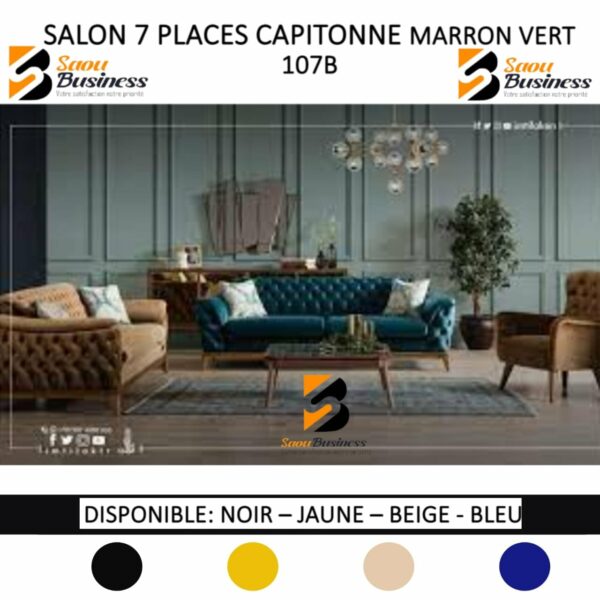 SALON CAPITONNE 7PLACES DAIM OU TISSU MARRON VERT 107B