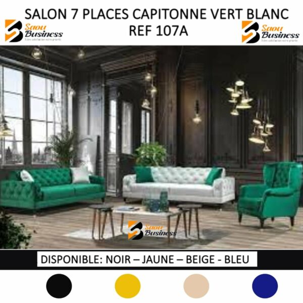 SALON CAPITONNE 7PLACES DAIM OU TISSU VERT BLANC 107A
