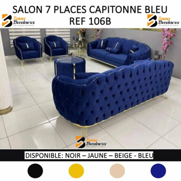 SALON CAPITONNE 7PLACES DAIM OU TISSU BLEU 106B