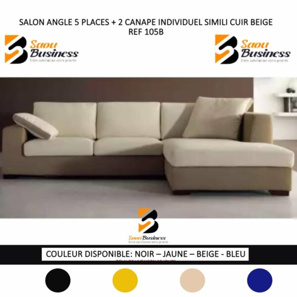 SALON ANGEL 5PLACES + 2CANAPE INDIVIDUEL SIMILI CUIR OU TISSU BEIGE 105B