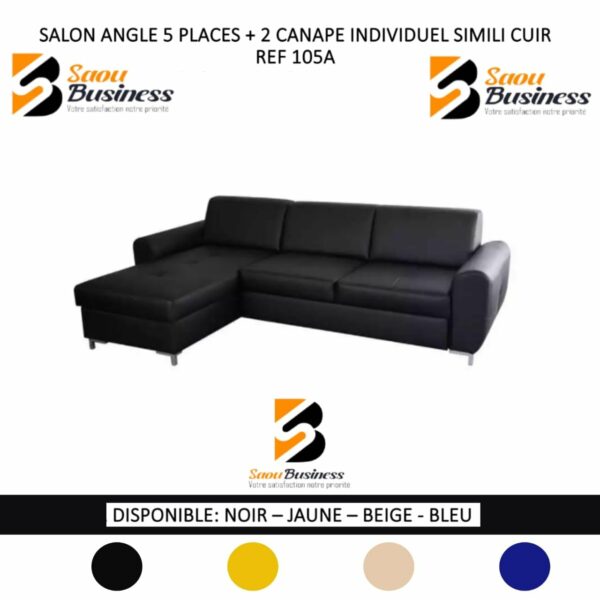 SALON ANGEL 5PLACES + 2CANAPE INDIVIDUEL SIMILI CUIR OU TISSU NOIR 105A