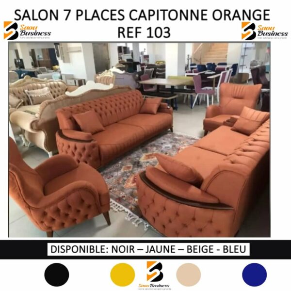 SALON CAPITONNE 7PLACES DAIM OU TISSU ORANGE 103