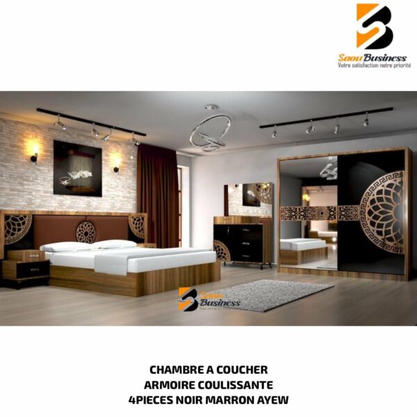 CHAMBRE A COUCHER ARMOIRE COULISSANTE 4PIECES NOIR MARRON AYEW