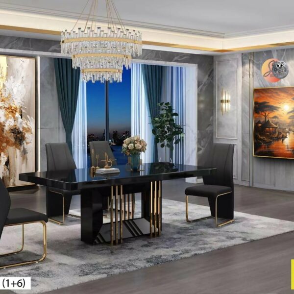 Table à Manger Noire Brillante Avec Accents Dorés Et 6 Chaises - C6316
(1+6)