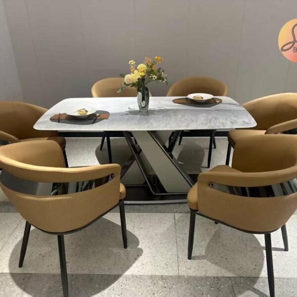 Table à Manger Marbrée Avec PIÉTEMENT Géométrique ET 6 Chaises - C26 (1+6)