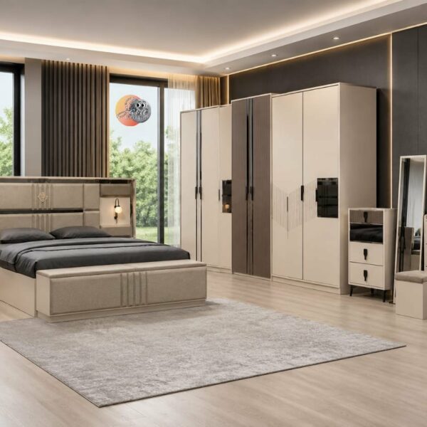 CHAMBRE A COUCHER ARMOIRE 8BATTANTS 10PIECES BEIGE TR ELEGANCE