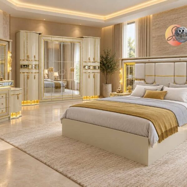 CHAMBRE A COUCHER ARMOIRE 8BATTANTS 8PIECES BEIGE DORE 6812H